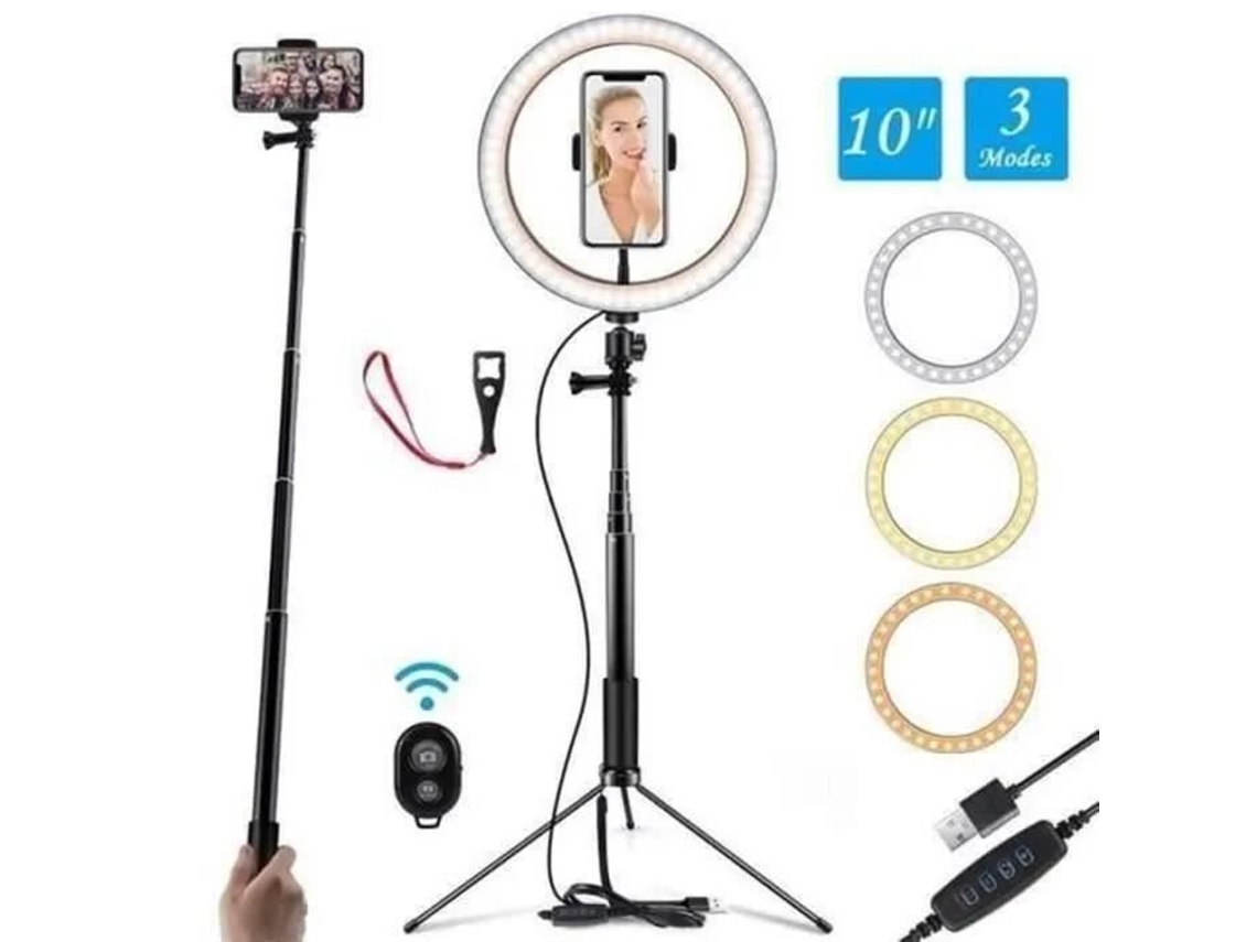 Anel de luz de 10 para selfie com suporte ajustável (14,56 a 55) Controle remoto 120 lâmpadas ringlight para vídeo do YouTube FOLAYA