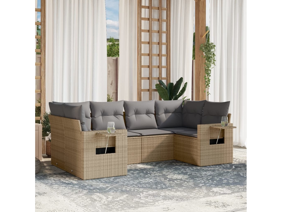 6 Pcs Conjunto De Sofás P/ Jardim Com Almofadões Vime Pe Bege Dkd Home Decor