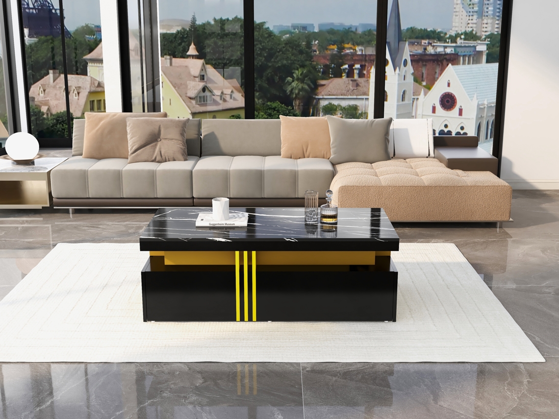 Mesa De Centro Retangular Moderna Com Placa Brilhante, 2 Gavetas Em Madeira, Tampos Em Mármore, Para Sala De Estar, 100x50x40 Cm Liptaptyn