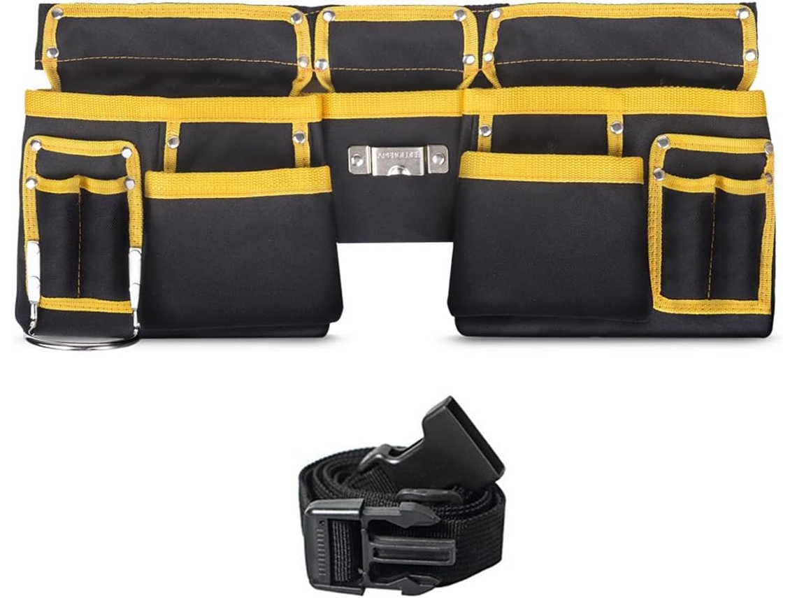 Cinto De Ferramentas Resistente Com 11 Bolsos Para Homens Bolsos De Construção Amarelos E Pretos Com Fivela De Liberação Rápida Zeuxo