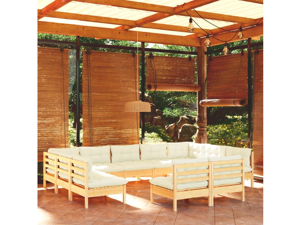 Vidaxl 11 Pcs Conjunto Lounge Jardim C/ Almofadões Creme Pinho Maciço