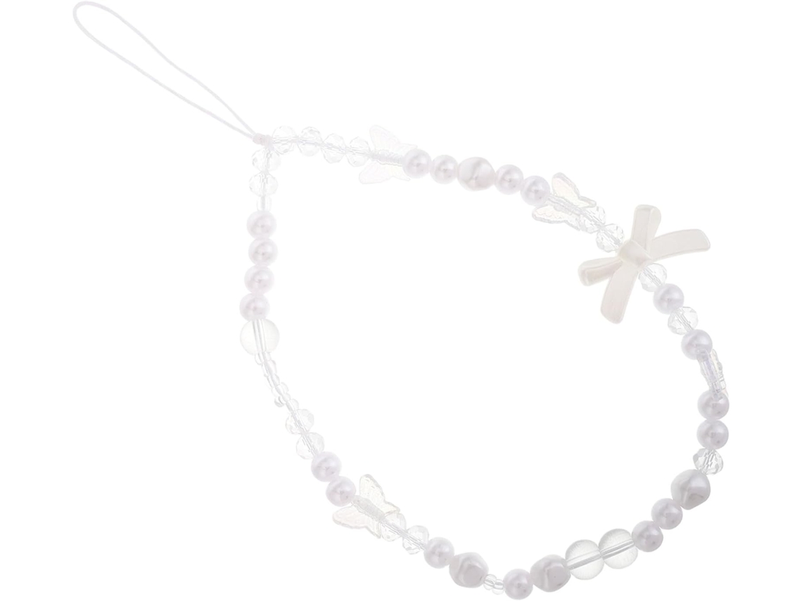 Cordão Para Celular De Plástico Branco Com Nós E Miçangas.