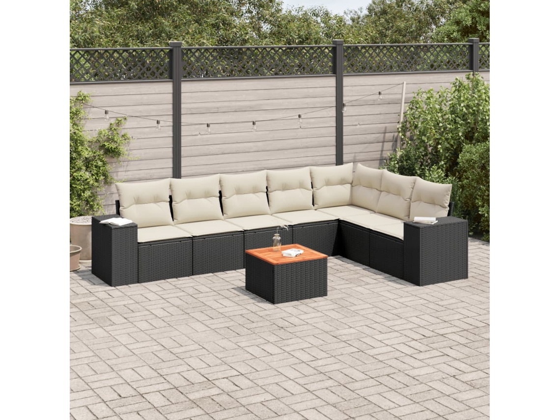 Vidaxl 8 Pcs Conjunto Sofás De Jardim Com Almofadões Vime Pe Preto
