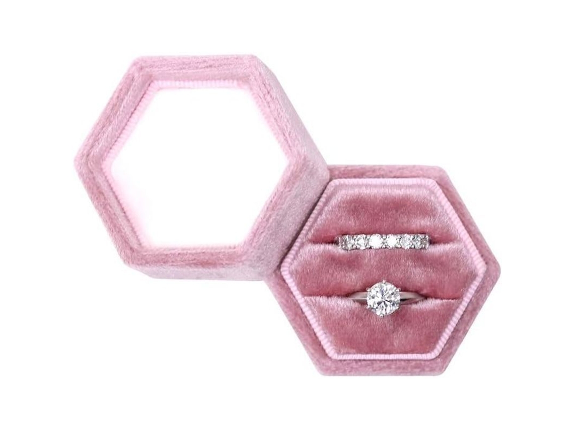 Caja De Anéis Hexagonais De Veludo Com Dois Compartimentos Para Casamento E Noivado Rosa