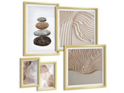 Composição De Quadros Formas E Rostos Abstratos Moldura Dourada Quadros Para A Sala De Estar Espelharte (conjunto De 5 Imagens)