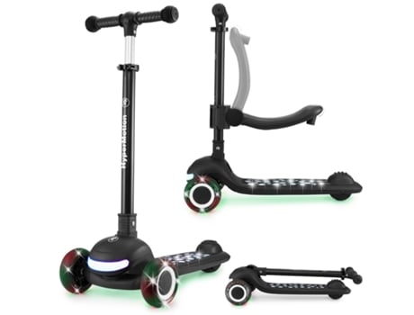 Trotinete Infantil 3 Em 1 Led Até 50 Kg Assento Ajustável Dobrável Rodas Em Pu Preto Hypermotion