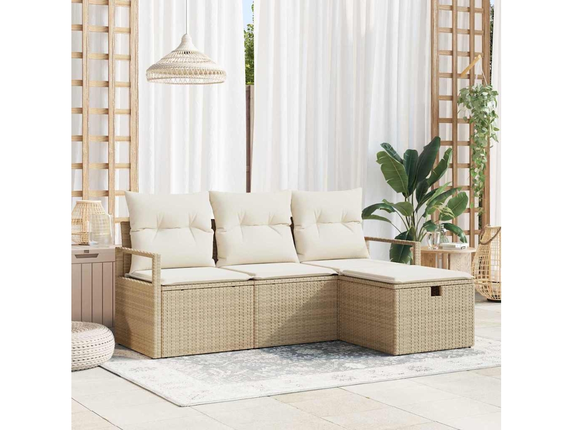 Vidaxl Conjunto De Sofás Com Almofada 4 Pcs Bege E Creme Vime Pe