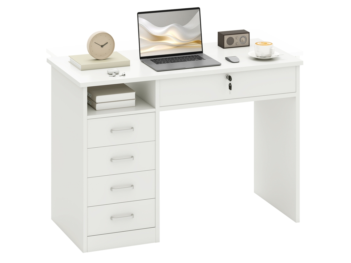 Escrivaninha de Madeira com 2 Gavetas e Chaves (110x50x76cm, Branco)