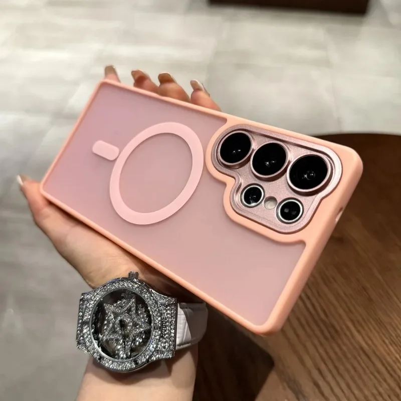 Capa Protetora Com Carregamento Sem Fio Magnético Magsafe (rosa Para Galaxy S25 Edge), Protetor De Lente.