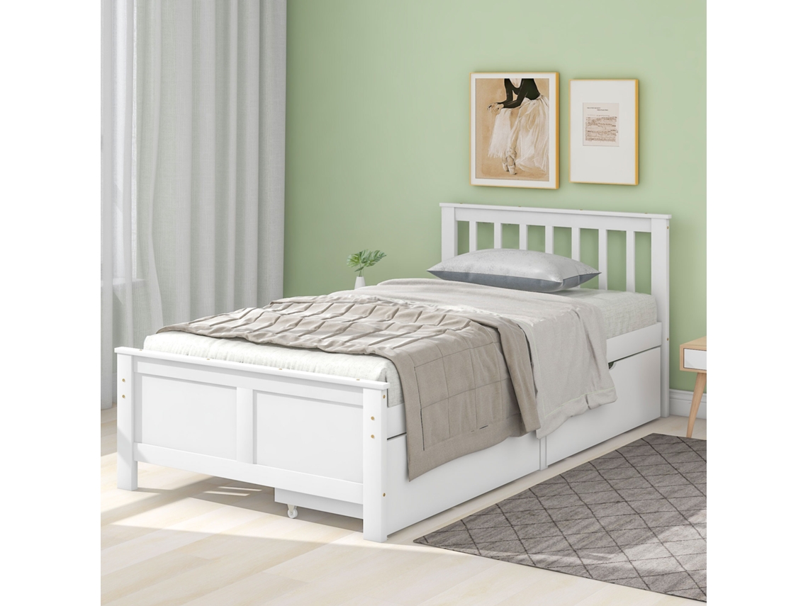 Cama De Madeira Solteiro Para Jovens E Adultos Com Gavetas De Armazenamento Em Pinho Branco 90x200 Cm Liptaptyn