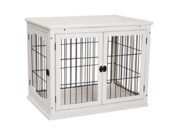 Caixa De Transporte Para Cães, 58,5 Cm X 81 Cm X 66 Cm, Com Portas, Em Madeira Mdf E Ferro, Branca.