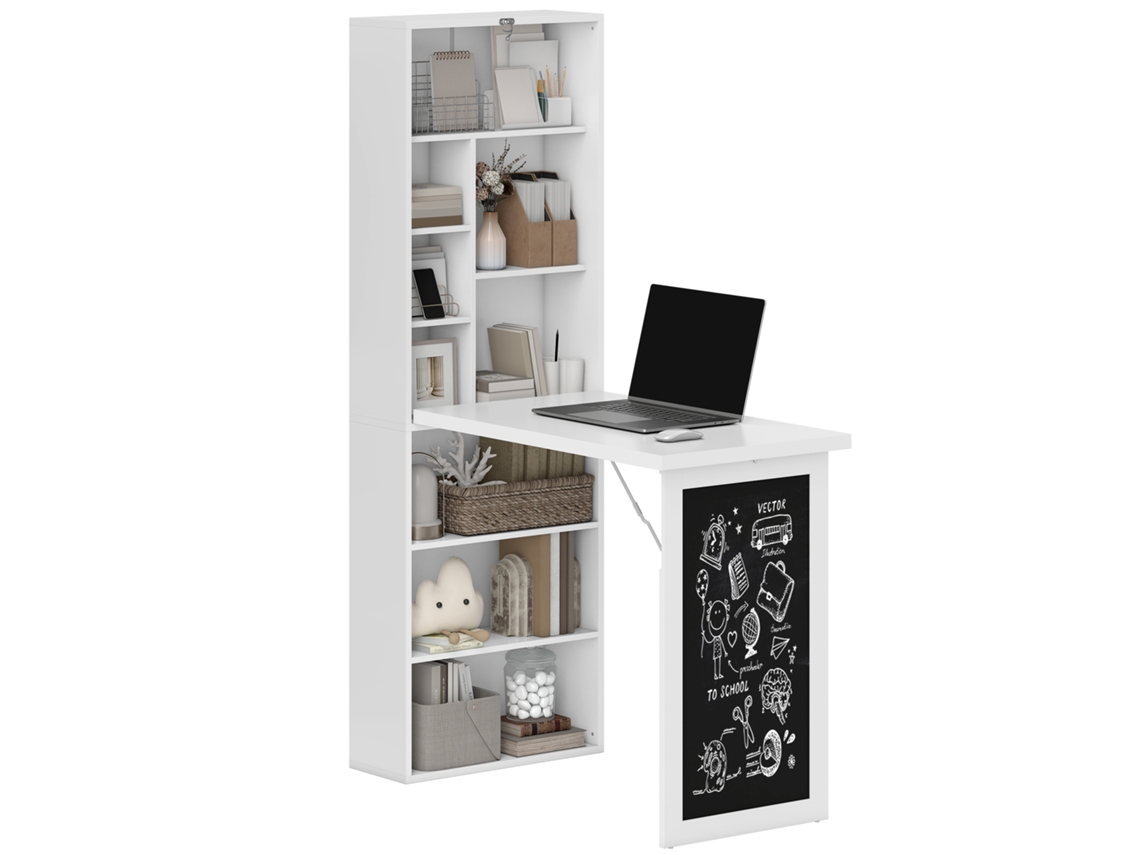 Scrivania Pc Pieghevole Con Libreria A 9 Ripiani Em Legno E Metallo, 98x51x153 Cm, Bianco