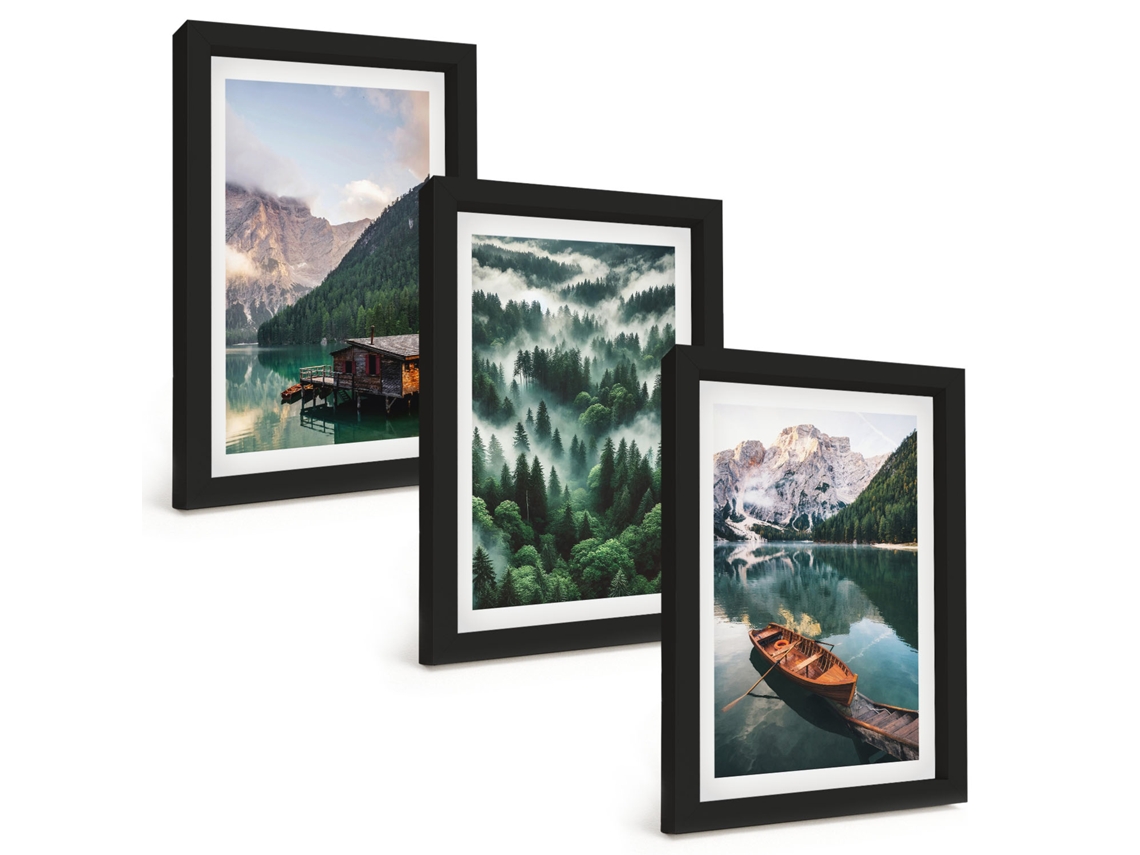 Composição De Quadros Na Parede Montanha, Lago, Barco, Floresta, Neblina Moldura Preta Quadros Para A Sala De Estar Espelharte (3 Peças 20x30 Cm)