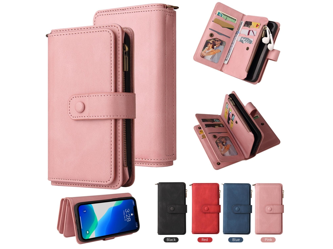 Capa Para Iphone16e Rosa Com Zíper Cartão Couro Carteira Cordão Sensação De Pele