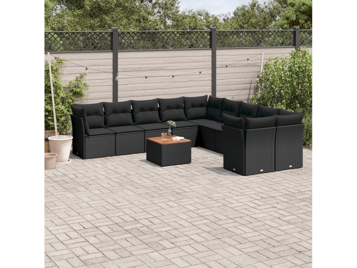 Vidaxl 11 Pcs Conjunto Sofás de Jardim C/ Almofadões Vime Pe Preto