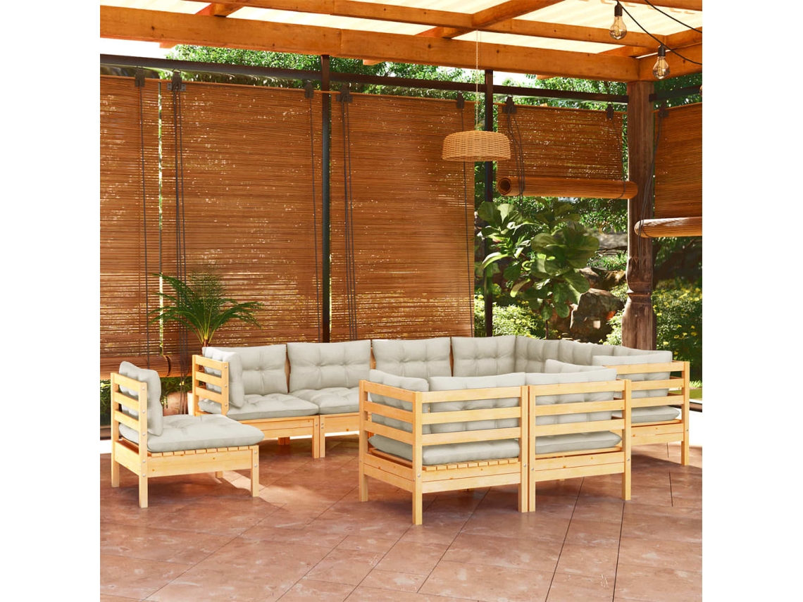 Pcs Conjunto Lounge Jardim C/ Almofadões Creme Pinho Maciço Dkd Home Decor