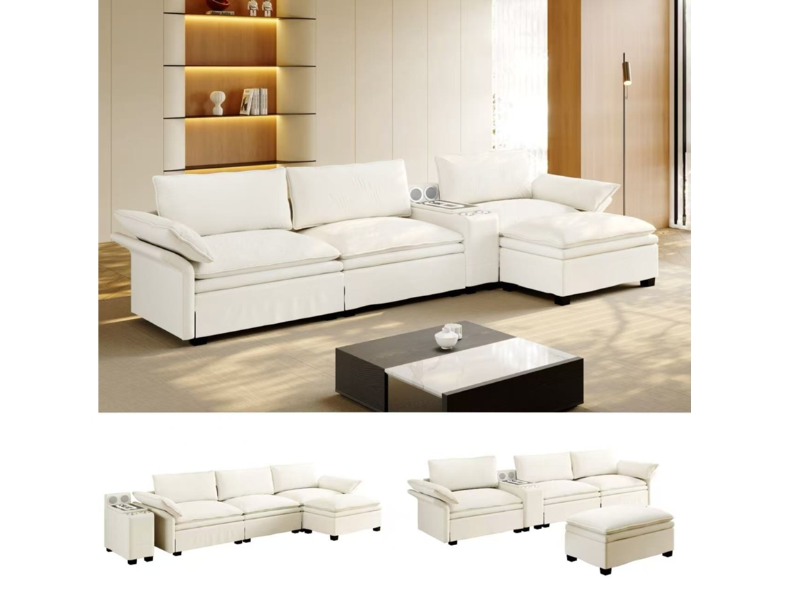 Sofá Modular L Em Chenille 315cm Com Baú, Otomano, Carregador Sem Fio, Som, Luz E 2 Porta-copos. Bege/branco Para Sala Ou Escritório.