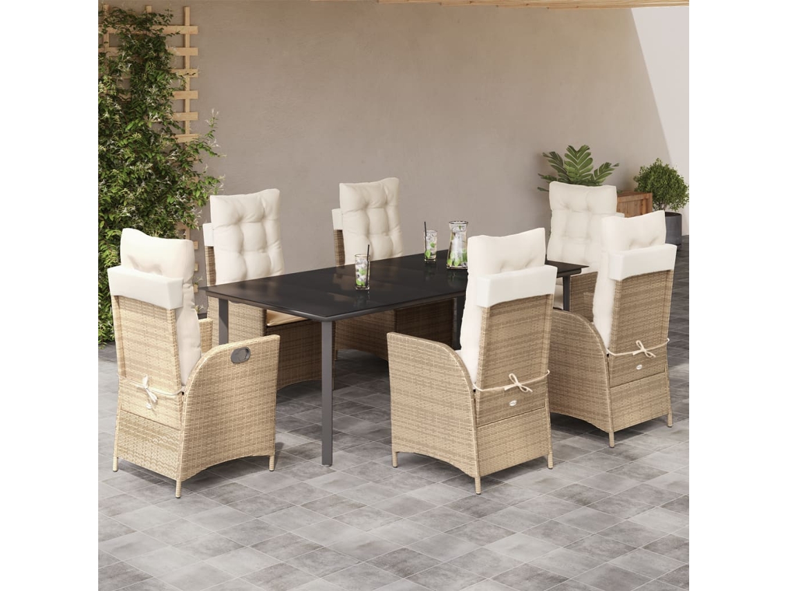 Vidaxl 7 Pcs Conjunto De Jantar P/ Jardim Com Almofadões Vime Pe Bege