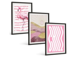 Pinturas Murais Modernas Flamingo Rosa, Paisagem Pastel Moldura Preta Fotos Para O Escritório Espelharte (3 Piezas De 40x60 Cm)