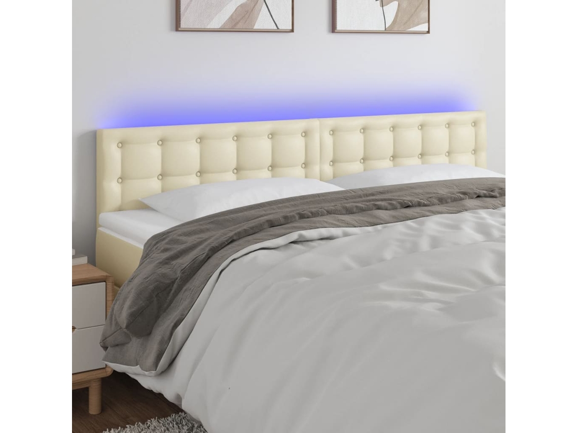 Vidaxl Cabeceira De Cama C/ Led 200x5x78/88 Cm Couro Artificial Creme