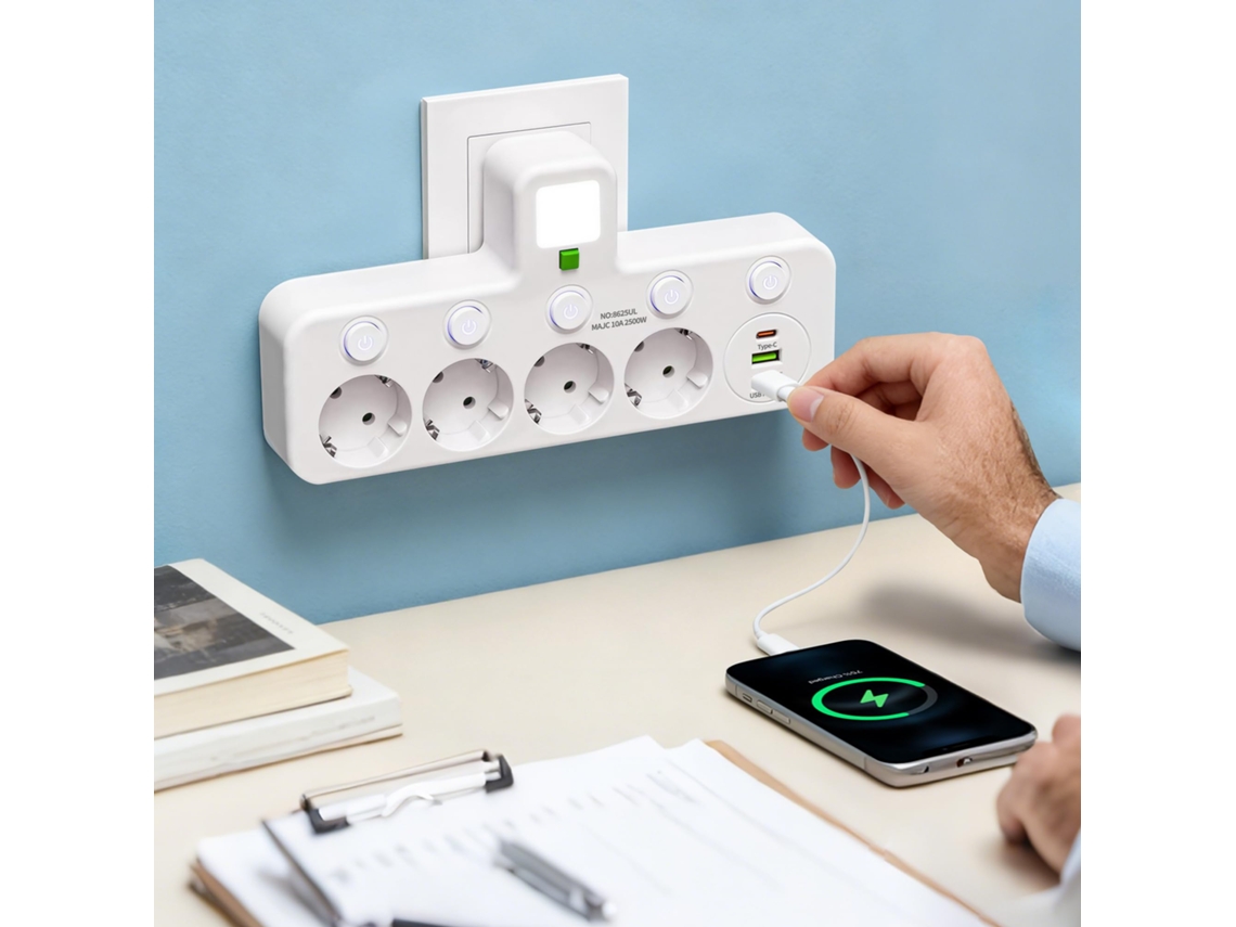 Adaptador Mural Doméstico/escritório Com 4 Tomadas Europeias, Usb-c, 2 Usb-a E Interruptores Independentes