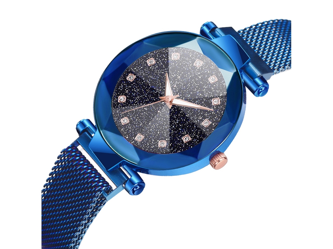 Relógio Feminino de Quartzo com Pulseira de Malha e Botão Magnético Mostrador Redondo Azul