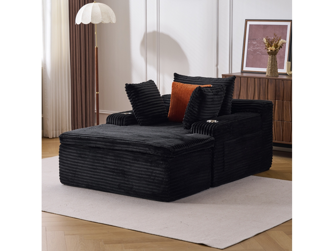Sofá De Chão Sem Ossos, Nuvem Moderna Com Chaise, 3 Almofadas E 1 Cobertor, Preto, Sem Montagem