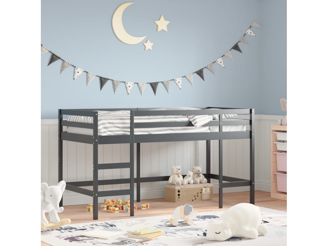 Cama Alta P/ Criança C/ Escada 90x200 Cm Pinho Maciço Preto