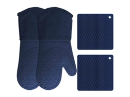 Conjunto de 4 peças 2026: Luvas de forno e porta-copos de silicone resistentes ao calor e antiderrapantes para cozinha, azul escuro.