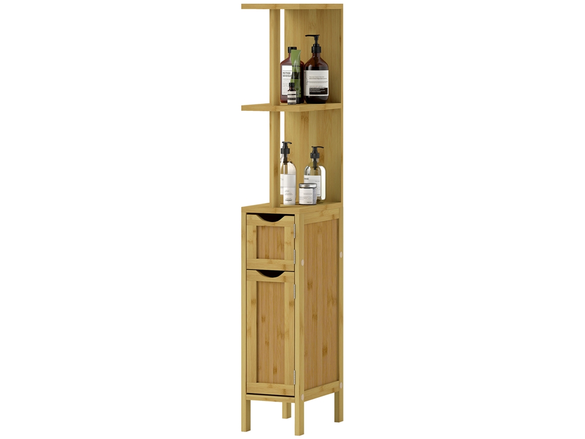 Móvel de Coluna para Banheiro com 2 Prateleiras e 2 Armários de Bambu 18x30x120 cm Madeira Natural ORBITRA COMMERCE