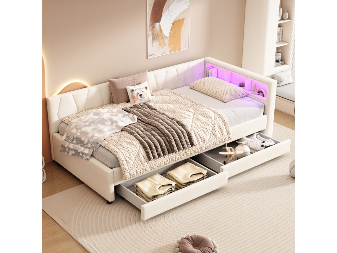 Sofá cama 90x200 Cm com Led, Usb c, 2 gavetas, cama multifuncional em linho bege VSOGA