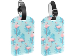 Conjunto De 2 Etiquetas Bagagem Em Couro Sintético Com Estampa Flamingo Tropical E Folha Azul