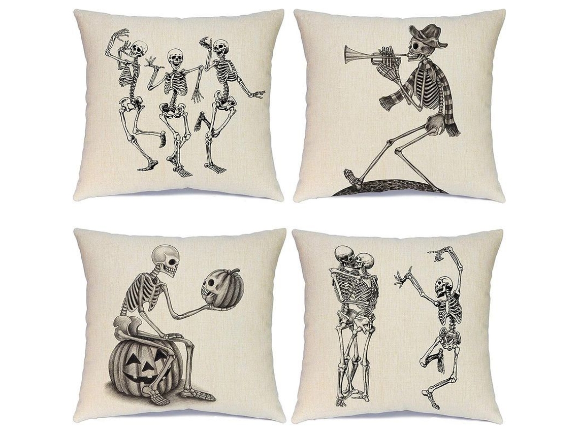 2026 4 Capas de Travesseiro de Lino e Algodão com Desenhos de Caveira para Halloween, 45x45cm