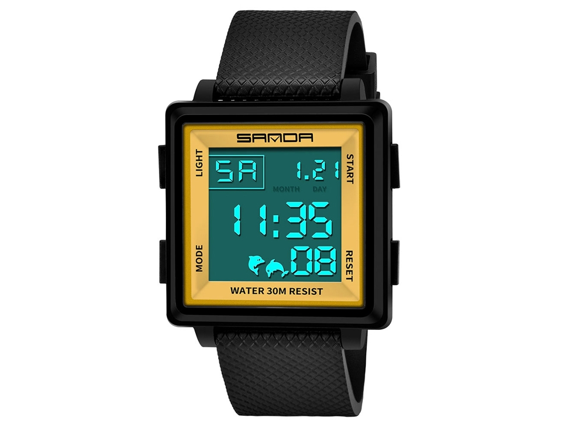 Relógio Sanda Eletrônico Multifuncional Digital Moda Simples Pulseira Pretodourado