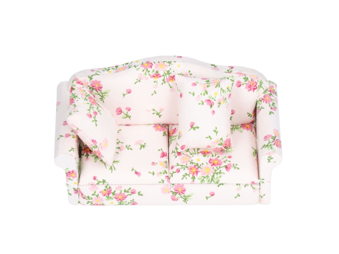 Sofá Miniatura Em Escala 1/12 Com Padrão Floral Rosa Verde De Madeira De Abeto Para Casa De Bonecas Presente Diy