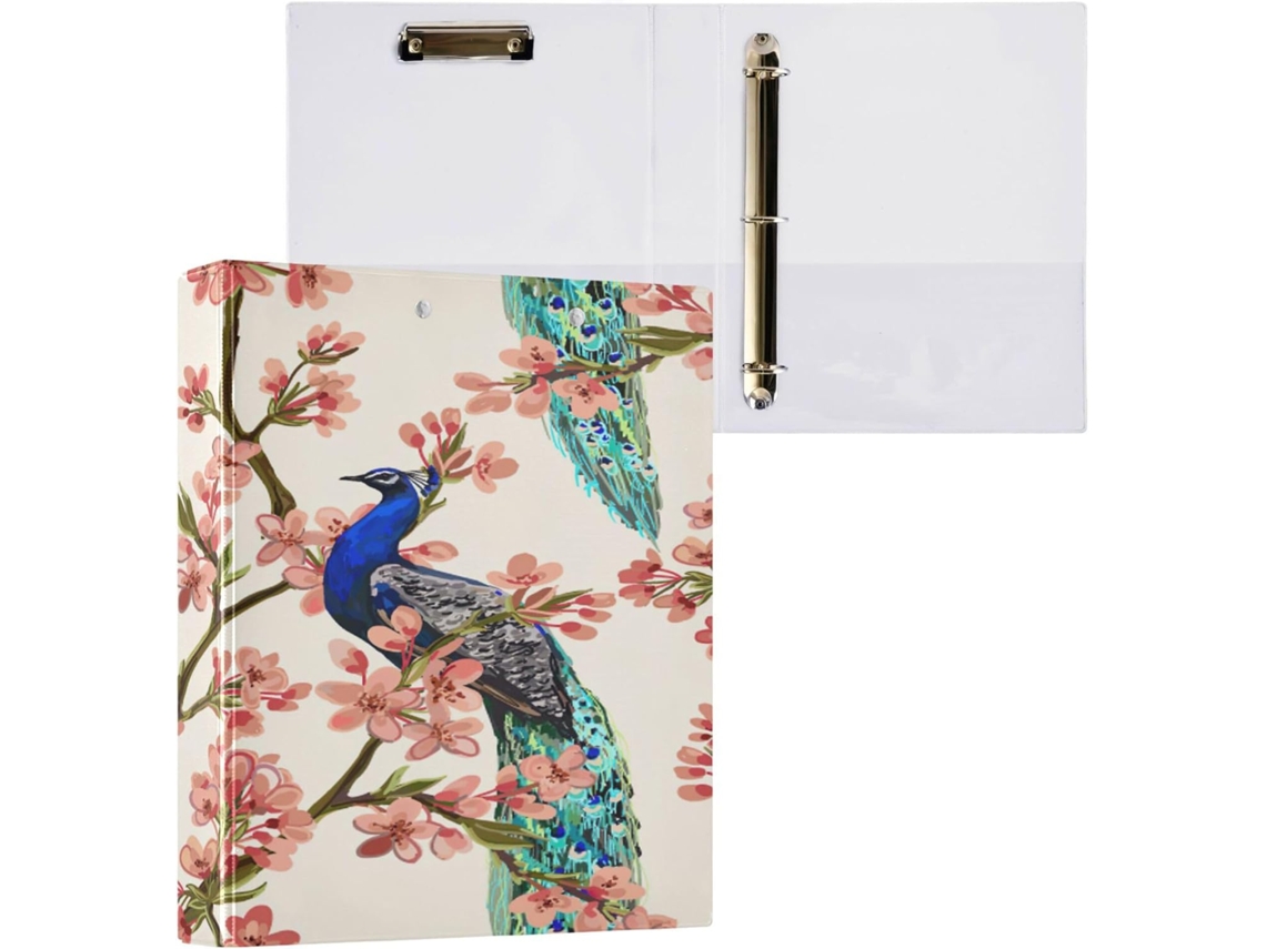 Pasta de Três Argolas, 2,5 Cm, com Bolsos Internos, Material Escolar, Capa Dura, Lindo Desenho Pavão, Ave Trop