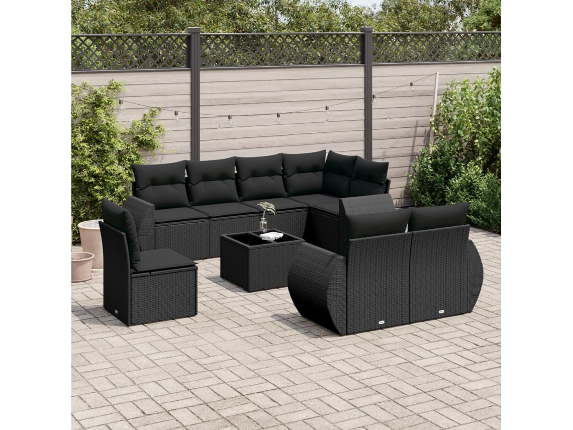 Vidaxl 9 Pcs Conjunto De Sofás P/ Jardim C/ Almofadões Vime Pe Preto