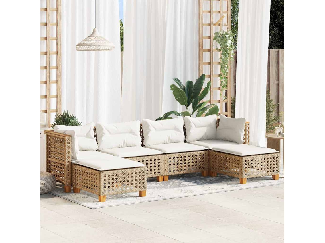 Vidaxl 6 Pcs Conjunto De Sofás P/ Jardim Com Almofadões Vime Pe Bege