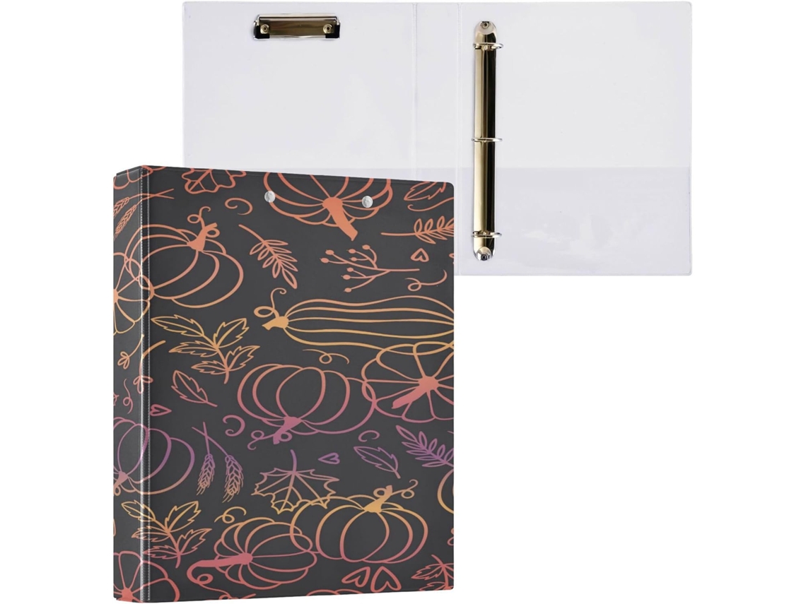 Pacote com 1 Pastas de 3 Argolas 3,8 Cm Capa Bolso, 1/2 Dura para Estudantes Estampa Abóbora e Tema Halloween.
