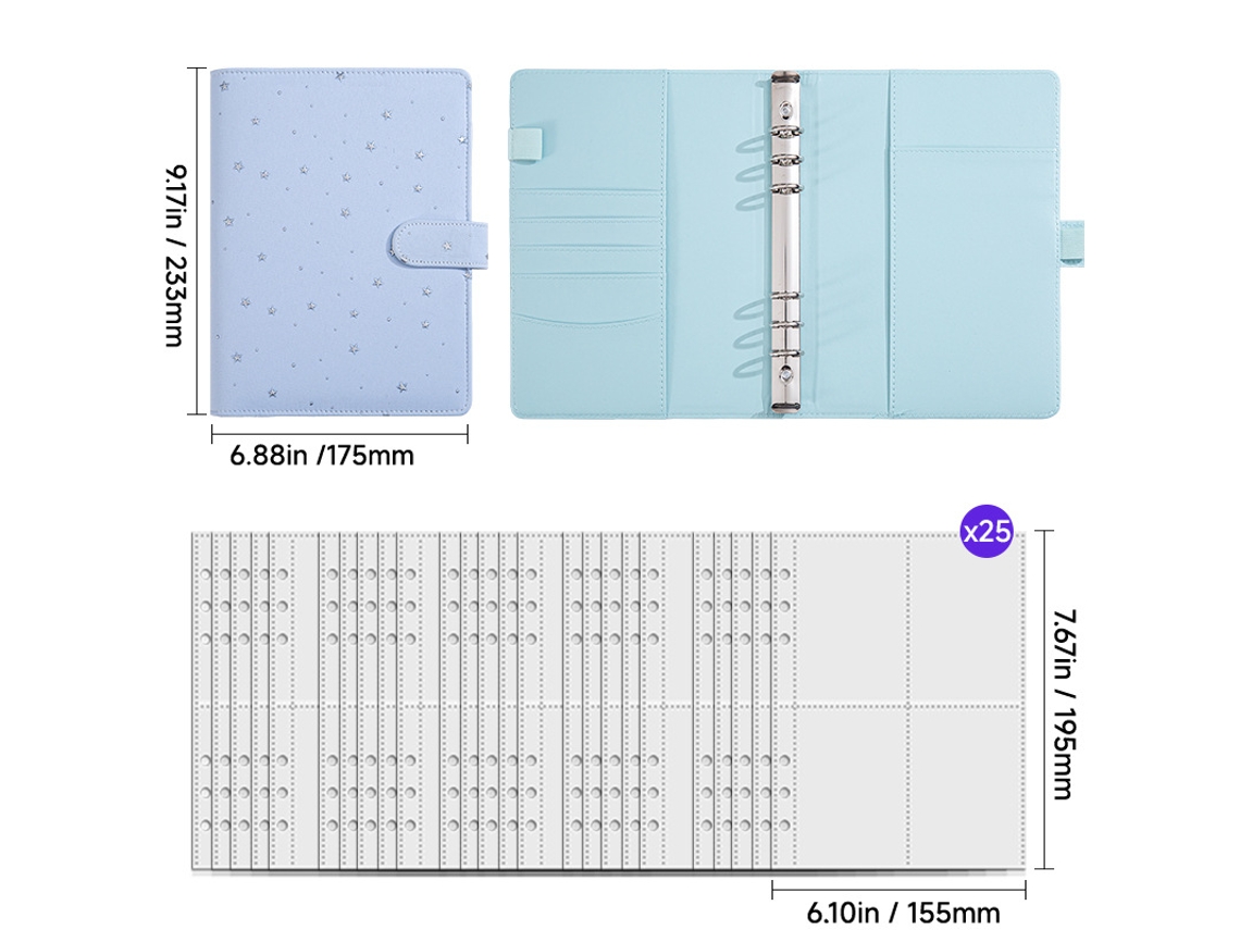 A5 Starry Loose Leaf Notebook Refillable Detachable Planner Gift Set Blue, 25-sheets