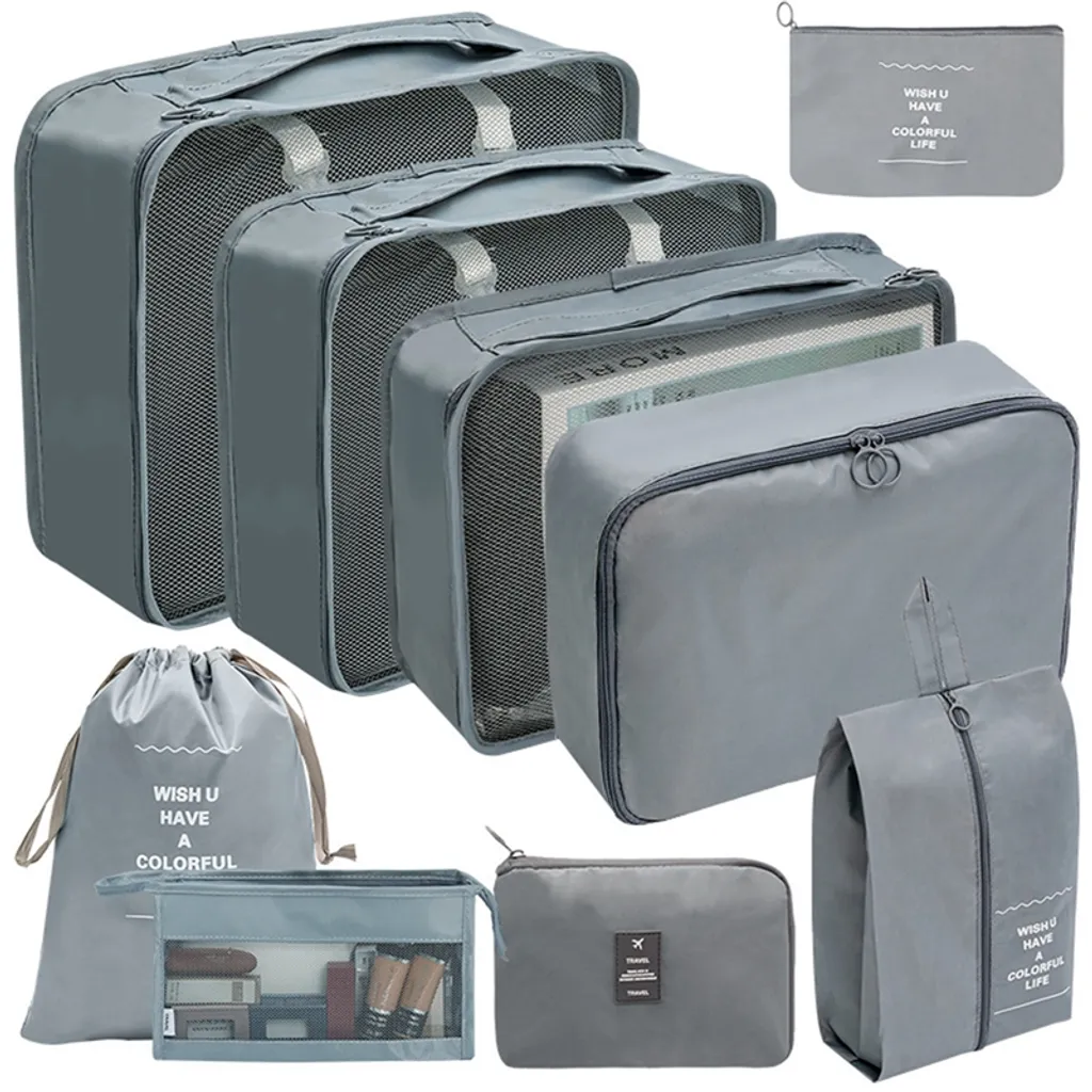 Conjunto De 9 Peças De Organizadores De Viagem, Bolsas Dobráveis Para Roupas, Bolsa Organizadora Impermeável, Bolsa Para Sapatos, Cinza No 2