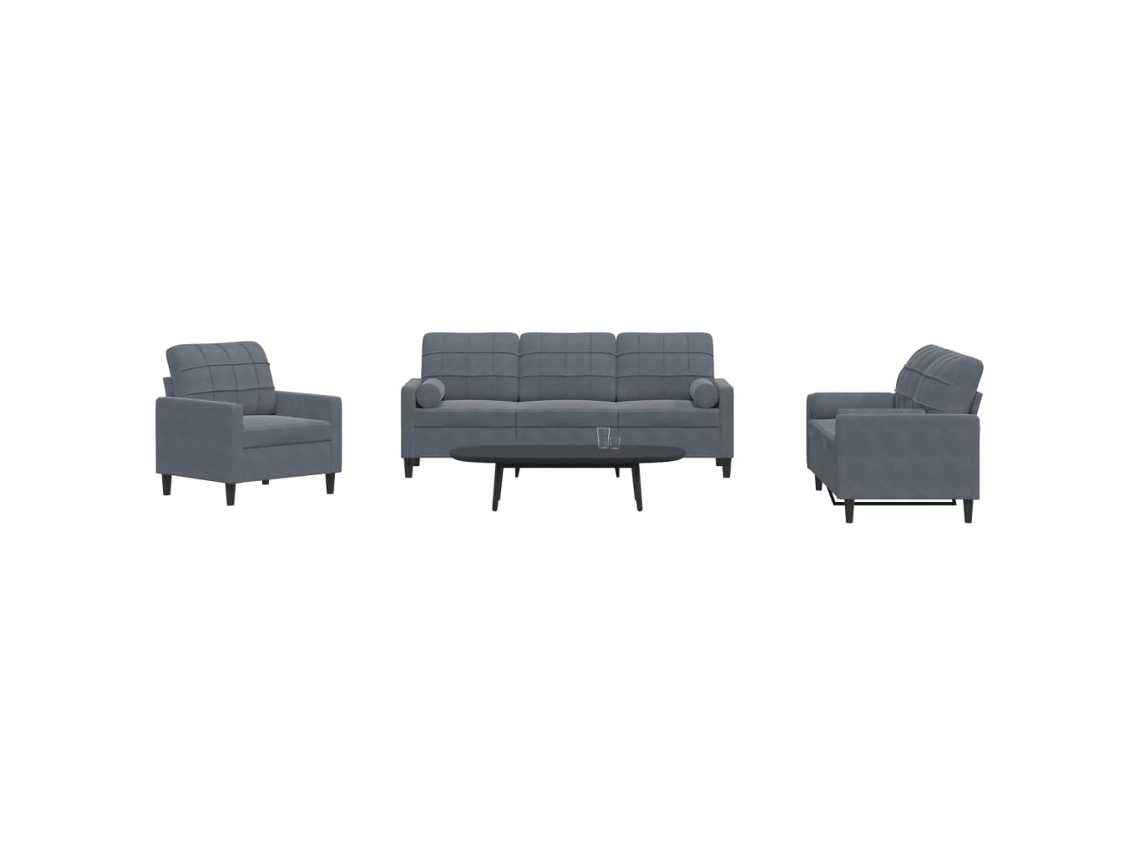 Vidaxl 3 Pcs Conjunto Sofás Com Almofadões E Rolos Veludo Cinza-escuro