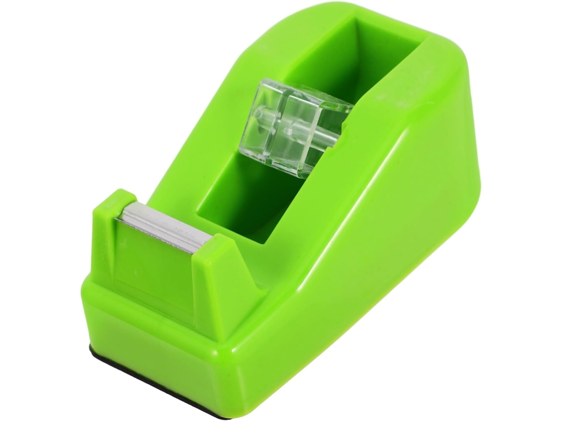 Dispensador de fita adesiva verde, design compacto e portátil, feito de ABS e metal, adequado para uso em mesas e bancadas.