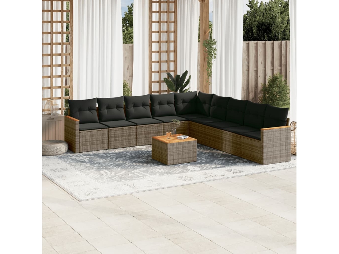 Vidaxl 10 Pcs Conjunto Sofás De Jardim C/ Almofadões Vime Pe Cinzento