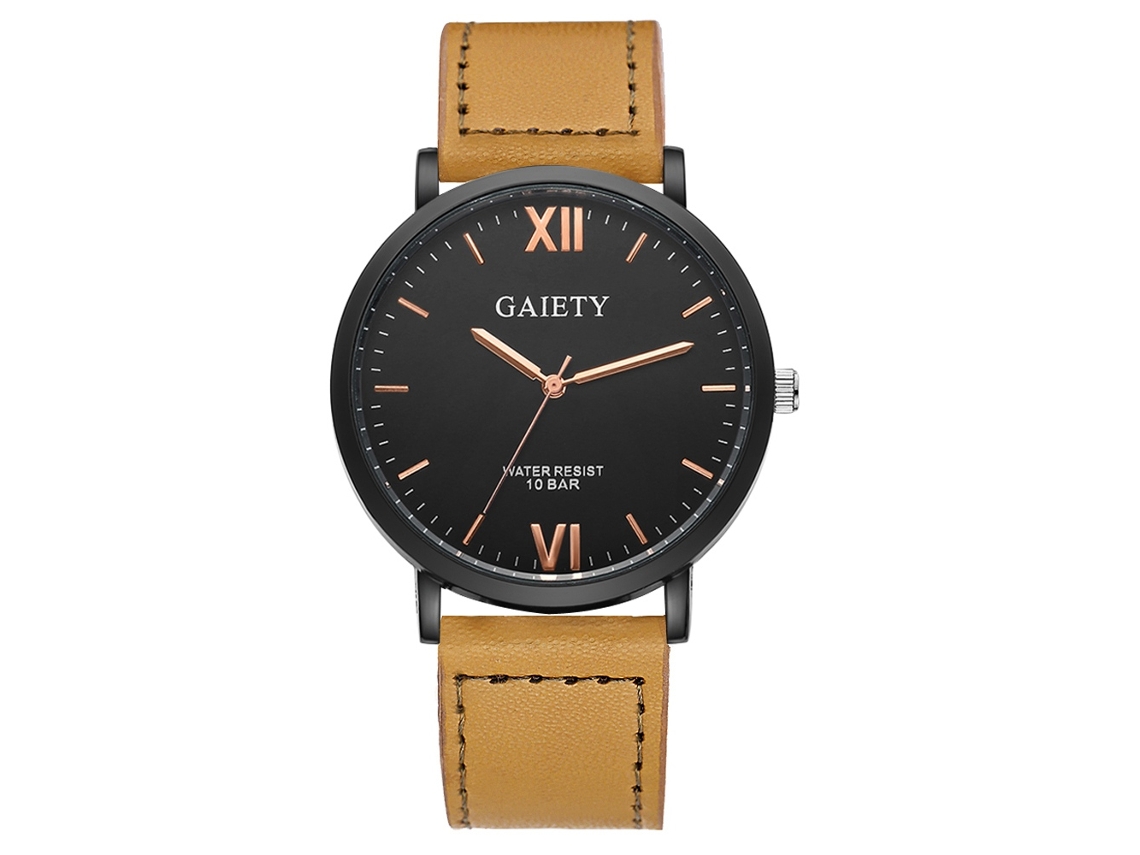 Relógio masculino com pulseira de couro PU, mostrador analógico de quartzo moderno, bege.