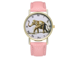 Relógio de quartzo com pulseira de couro sintético, estampa de elefante, numerais romanos, unissex, rosa.