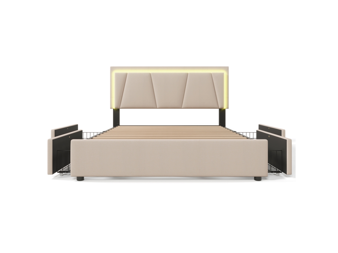 Cama de Casal Estofada 160x200 Cm com Led, 4 Gavetas e Cabeceira Ajustável, estrutura de Madeira e Colchão Incluído PAPRIKA