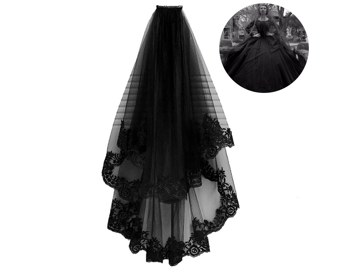 Véu de noiva duas camadas preto com pente malha renda tule curto acessório casamento Halloween S/MARCA