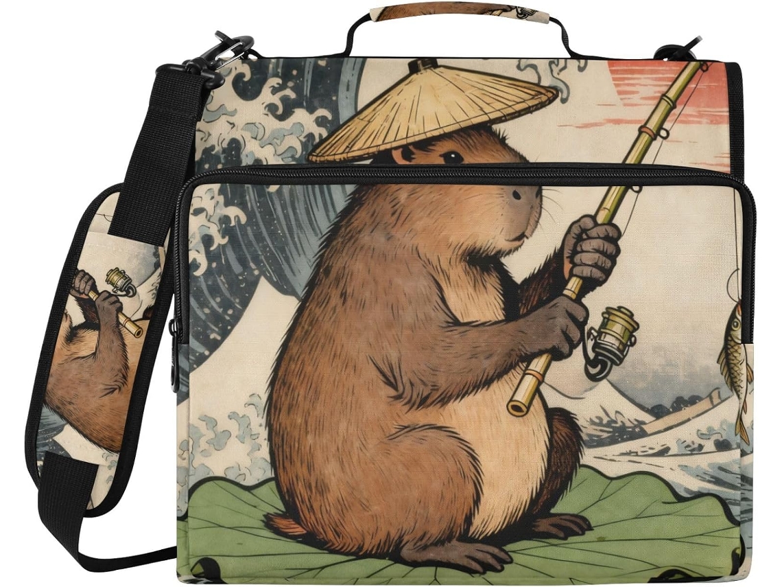 Pasta Japonesa De 3 Argolas, Design Robusto Com Estampa De Marmota, Zíper E Alça De Ombro, Fácil De Transportar