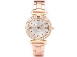 Reloj De Pulsera De Cuero Simple Unisex Con Dial Redondo Y Cuadro De Acero Oro Rosa